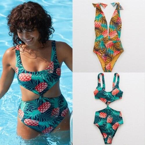 2019 Sexy One Piece Swimsuit Women Hollow Out Swimwear Womens Swimming Suit Print Bodysuit Vintage Bathing Suit Beach Wear Suit
