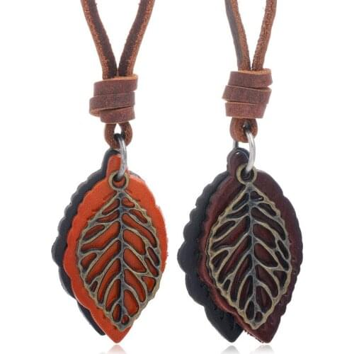 2021 New Vintage Punk Style Necklace Pendant Tree Leaf Genuine Leather Necklace for Women Men Fashion Jewelry