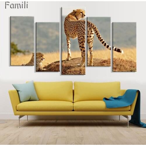 5 Panel Walking Leopard Picture HD Printed Cheetah Canvas Wall Art for Home Decoration Gallery Wrapped Wild Animal Wall Poster