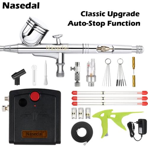 Nasedal Auto-Stop Compressor Airbrush Kit 0.3mm Dual-Action Airbrush Spary Gun for Cake Decor Nail Art Model Car Painting NT-66B