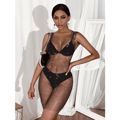 Hollow Out Crystal Diamond Beach Dress Women Sexy See-through Cover Up Black Round Collar Sleeveless One-piece 2021