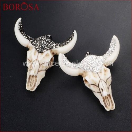 BOROSA Druzy Jewelry 10 pcs Longhorn resin horn cattle pendants bull cattle pendants Paved Black/White Zircon JAB337