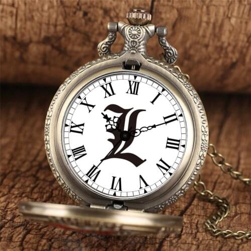 Roman Numerals Death Note Dial Bronze Quartz Pocket Watch Retro Fashion Necklace Pendant Clock Gifts Anime Boys with 80 cm Chain