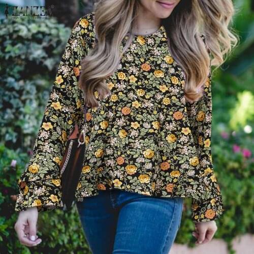 Elegant Behemian Printed Womens Blouse ZANZEA 2021 Spring OL Floral Sleeve Tops Casual O-neck Loose Oversized Holiday Blusas