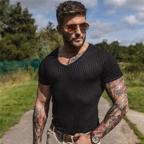 Summer Fashion V Neck T Shirt Men Fitness Slim Fit Blank Strips Short Sleeve T-shirt Male Brand Knitted Tees Tops Gym Clothing