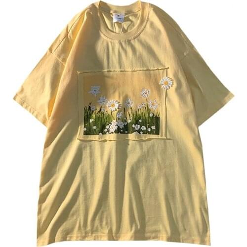 ZuoLunOuBa Summer Fashion Women T Shirt Embroidery Harajuku Chrysanthemum Patch Tees Yellow Short Sleeves Print Tops Female