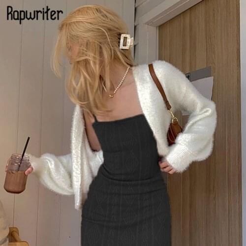 Rapwriter Casual Solid White Sweater Women Korean Cropped Top Autumn Knitted Fur Cardigans Fashion Sweet Streetwear For Girl