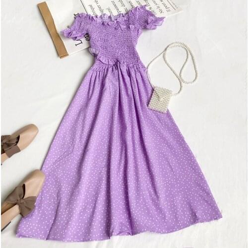 Summer Women Flare Sleeve Cross Slash Neck Ruffles Chic Chiffon Dress Lady Elastic Slim Waist Pleated Polka Dot Party Midi Dress