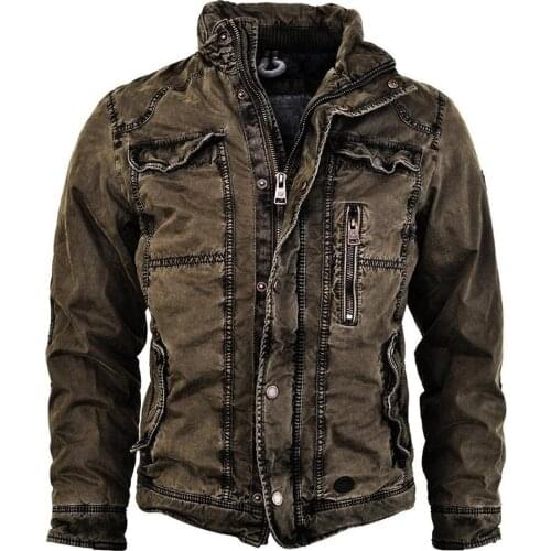 Brown Winter Jacket Men Plus Size Stand-up Collar Zipper Thick Long Sleeve Vintage Men Clothing Lugentolo