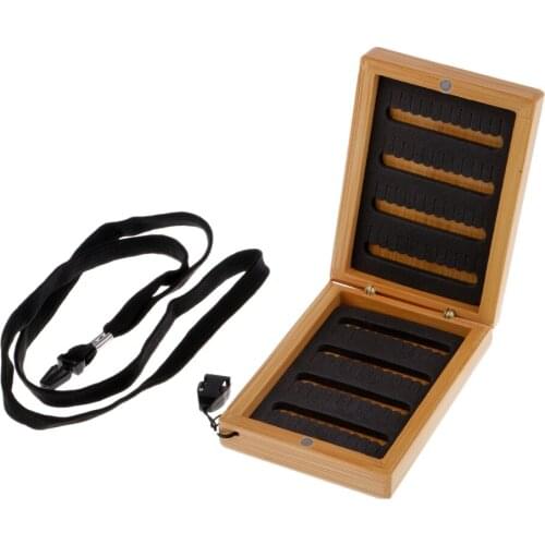 Portable Wooden Bamboo Fishing Flies Box With Lanyard - Holds 96 Flies