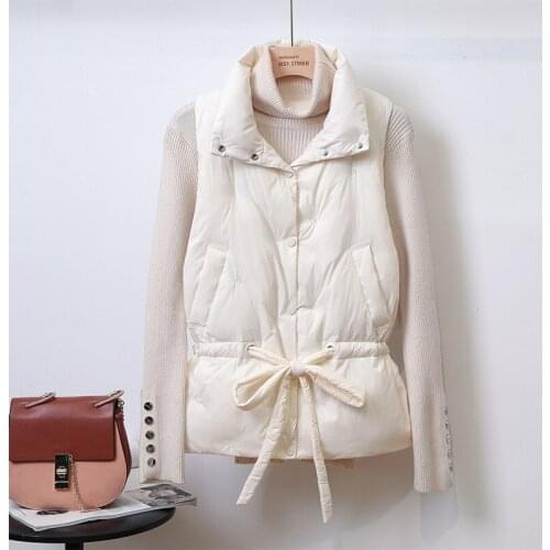 Winter Vest Women White Duck Down Padded Waistcoat Lady Stand Collar Slim Waist Sleeveless Puffer Jackets Outerwear Woman VT-271