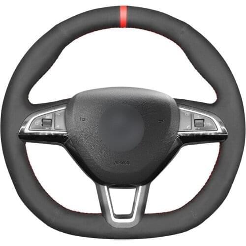Hand-stitched Black Suede Car Steering Wheel Cover for Skoda Octavia 2015-2019 Fabia Kodiaq Citigo Superb Scala