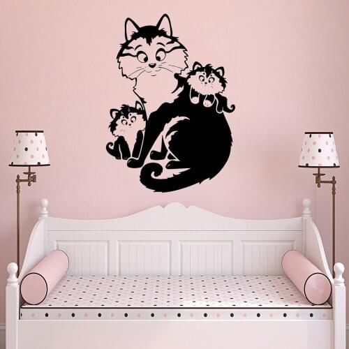 Cat Family Wall Sticker Cute Kittens Vinyl Decal Funny Animal Adorable Kitty Pet Decorations for Kids Room Nursery Decor HQ349