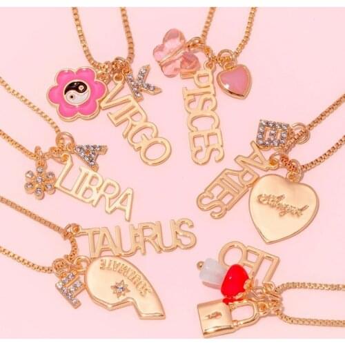 Vintage INS Pink Heart Letter Constellation Necklace for Women 80s Aesthetic Leaf Dice Star Necklace Y2K Jewelry Charm Friends