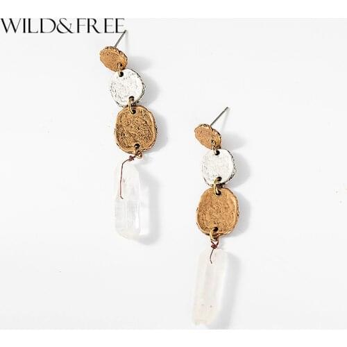 Wild&Free Vintage Long Dangle Earrings For Women Zinc Alloy Irregular Round Disc Crystal Stone Drop Earrings Jewelry Gift