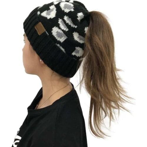 XEONGKVI Europe America Leopard Grain Flanging Skullies Beanies Horsetail Knitted Cap Winter Warm Brand Fashion Hats For Women