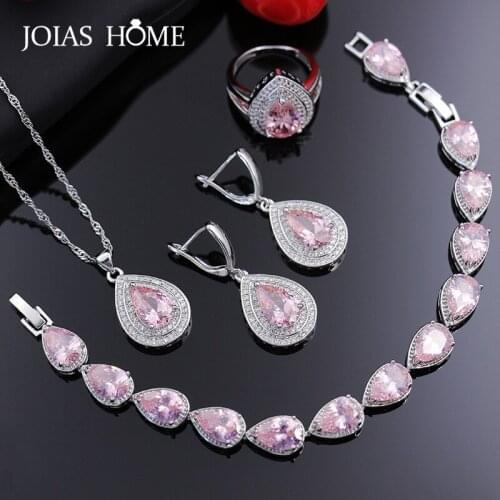 JoiasHome 925 Sterling Silver Jewelry Pink Romantic Drop Shaped Gem Simple Four-Piece Bridal Jewelry Set