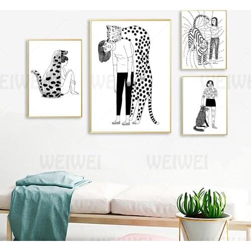 Funny Character Animal Home Decoration Painting Girl and Leopard Tiger Fox Dog Living Room Wall Canvas Poster Black White Print