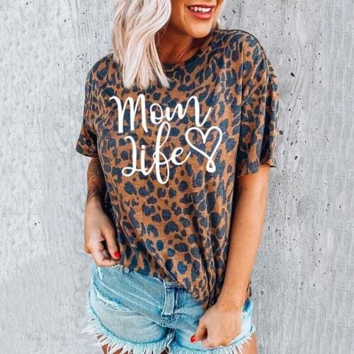 2021 Hot Sale Factory Stock Large Size Ladies Top Leopard Print Blouse Mom Life Round Neck Drop Shoulder Short Sleeve T-shirt