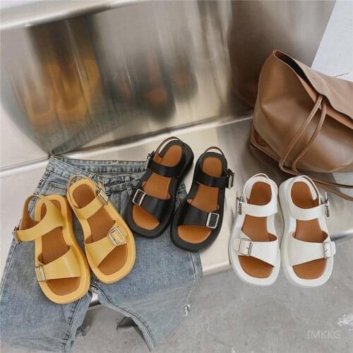 Woman Platform Sandals Flat Shoes 2021 New Fashion Sandals Summer Open Toe Low Heel Black White Buckle Basic Size 35-40