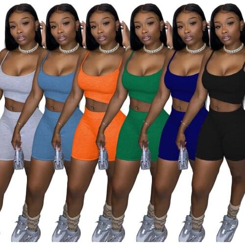 IR-CKERT Summer Fashion New Sexy Solid Color Sports Womens sleeveless Crop Top+Slim Short Suit Two Piece Beach Style Tracksuits