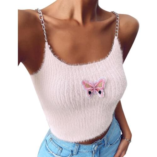 Women Sexy Crop Cami Tops Fuzzy Sleeveless Chain Strap Butterfly Embroidery Rib Knit Camisole Camis