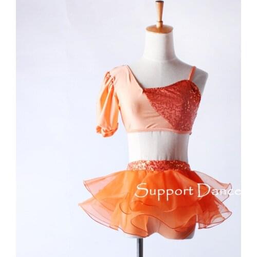 Girls 2-Piece Irregular Sequin Tutu Ballet Dress Children Adult Orange Professional Dance Costume C342