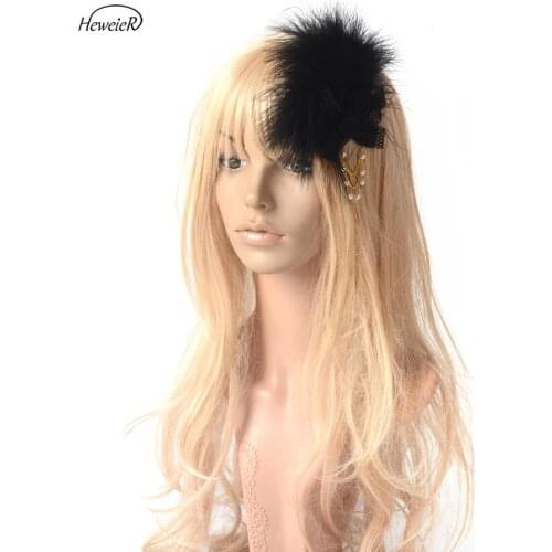 Black Fascinator Feathers Chains Hair Clip Cocktail Ascot Brooch Wedding Handmade Headwear