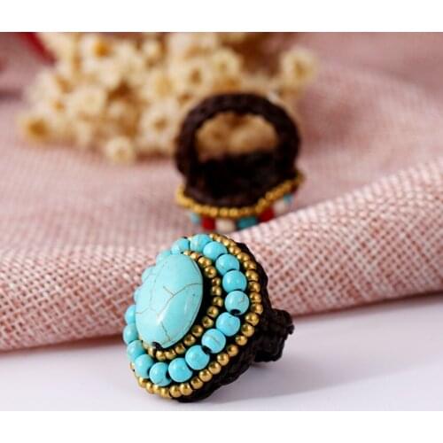 FYJS Unique Light Yellow Gold Color Green and Red Turquoises Stone Finger Ring Handmade Weave Jewelry