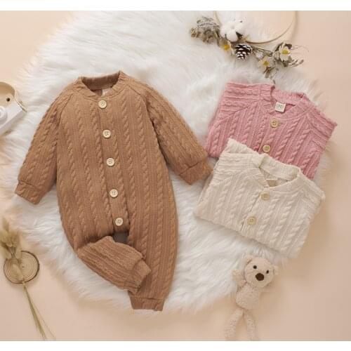 2021 Fall Winter Fashion Newborn Baby Long Sleeve Jumpsuit Toddler Girls Boys Cotton Casual Button-down Round Neck Knit Romper
