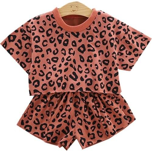 Summer Leopard Boys and Girls Clothes Set O-Neck Collars Tops+ Casual Pants 2pcs suits Cotton Newborn Toddlers Children Outfits