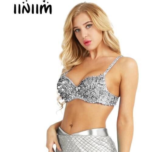Iiniim Women Fashion Sparkle Sequins Beading Padded Bra Top for Raves Dances Club Wear Belly Dancing Costume Party Top Bra