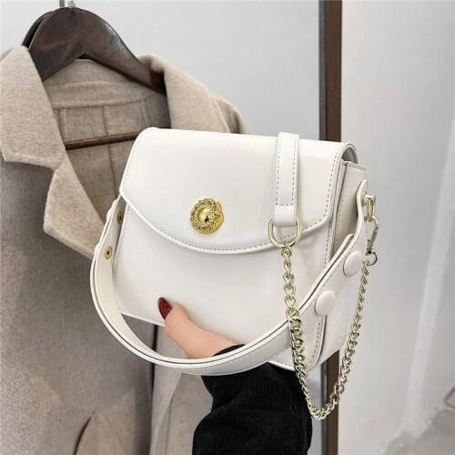 Bolso de hombro Baguette sencillo para mujer, bandoleras cruzadas con cadena pequeña, de cuero sintético, Color sólido, 2021