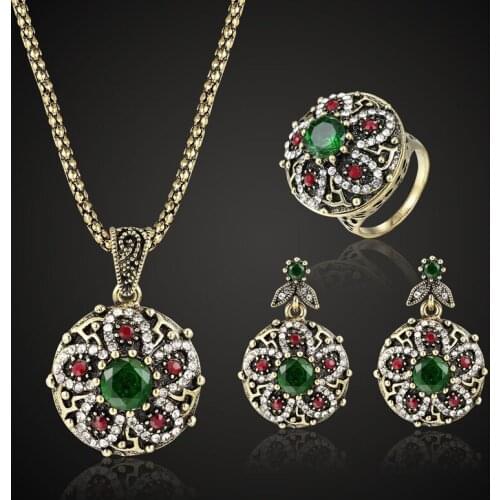 Colorful Turkish Jewelry Sets Fashion Women Vintage Necklace Earring Rings Jewellery sets Brand Indian Accessories For Women Set