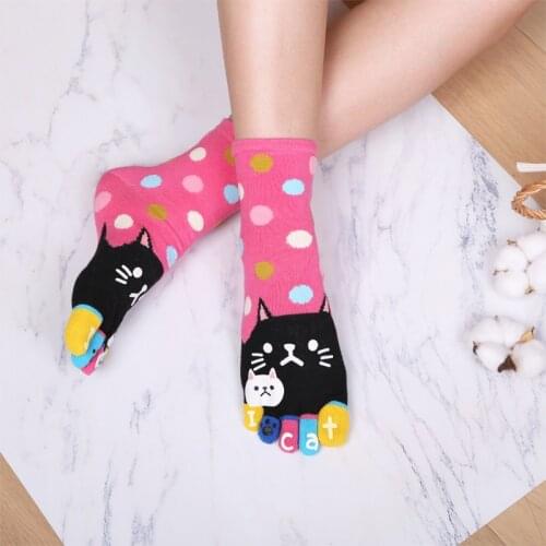 3 Pairs Five Finger Socks Cotton Casual Cartoon 5 Toe Separate Cat Animal Print Ankle Toe Socks For Women Cute Harajuku
