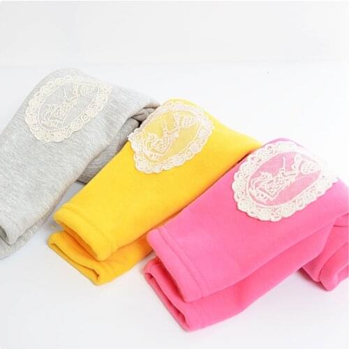 22015 new fashion winter warm cotton and thick velvet Lace patch baby pants 0-4 year girls leggings girls pants