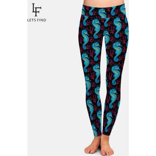 LETSFIND New Arrival Cartoon Hippocampus Printing Women Leggings High Waist Plus Size Trousers Stretch Pants Women Leggings