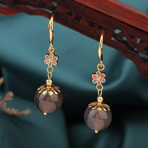 NEW Long Natural stone Flower earrings Vintage Delicate Drop earrings Ethnic cloisonne Chinese style Jewelry for womens