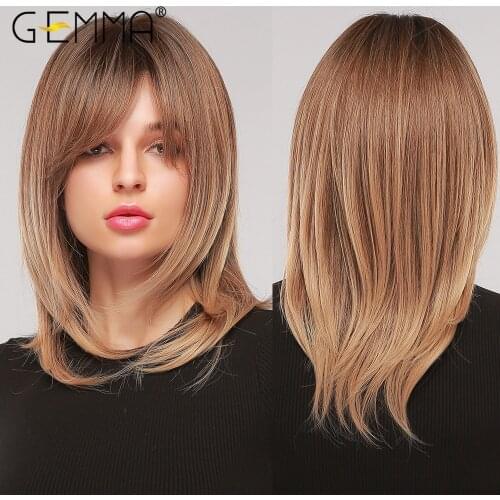 GEMMA Ombre Black Brown Wigs with Bangs Natural Medium Wavy Layered Cosplay Heat Resistant Synthetic Hair Wig for Women Afro