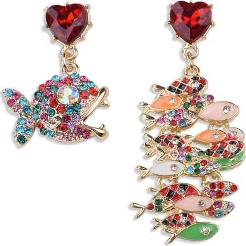 Luxury Colorful Full Rhinestone Fish Drop Earrings Women Jewelry Creative Enamel Large Hanging Earrings Female Indian Accessorie