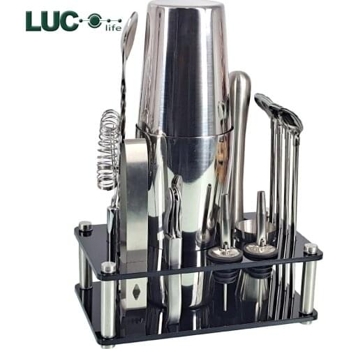 14 Pcs/set 750ml Stainless Steel Cocktail Shaker Mixer Drink Bartender Browser Kit Bars Set Tools With Wine Rack Stand