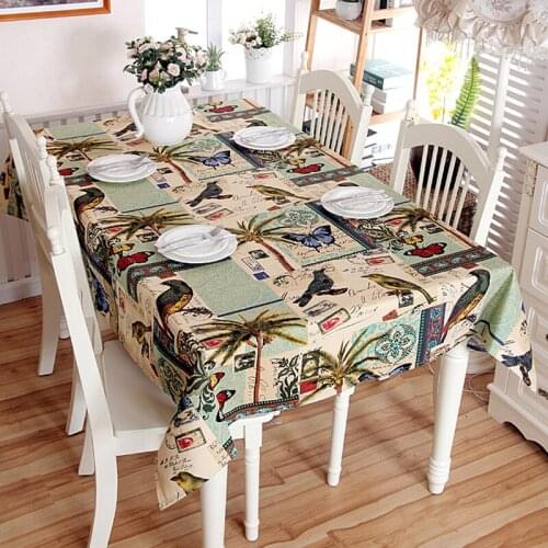 Mediterranean Butterfly Birds Coconut Tree Decorative Table Cloth Cotton Tablecloth Dining Table Cover For Kitchen Home Decor