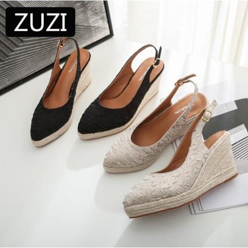 ZUZI High Heel Buckle Wedge Shoes 2021 Retro Embroidery Women Sandals Female Pointed Toe Slippers High-heeled Espadrilles Straw