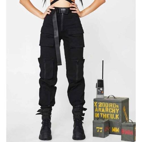 Streetwear Cargo Pants Women Black Pocket High Waist Elastic Loose Trousers Fashion Casual Ladies Zipper Joggers