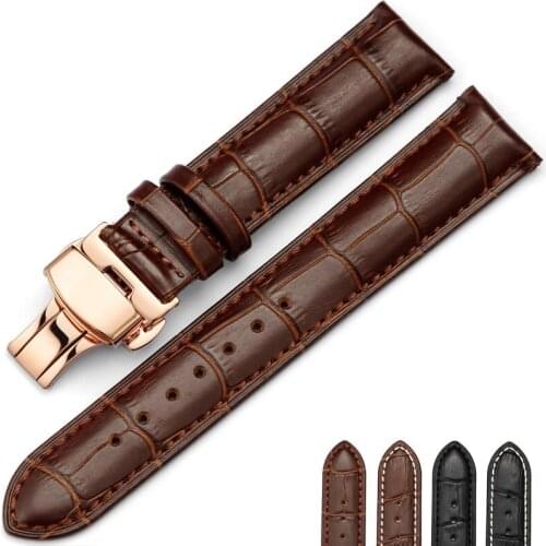 High Quality Rose Gold Butterfly Buckle Black Brown Genuine Leather Watch Bands Strap for Brand watches