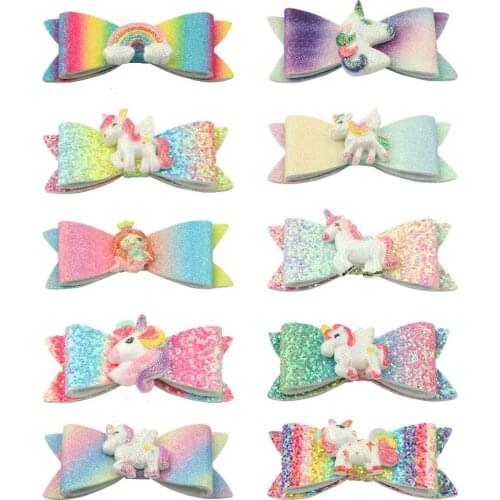 XIMA 20pcs/lot 3inch Gradient Color Bow with Glitter Unicorn Hair Clip Girls Princess Hairgrips for Kids Party Hair Accessories