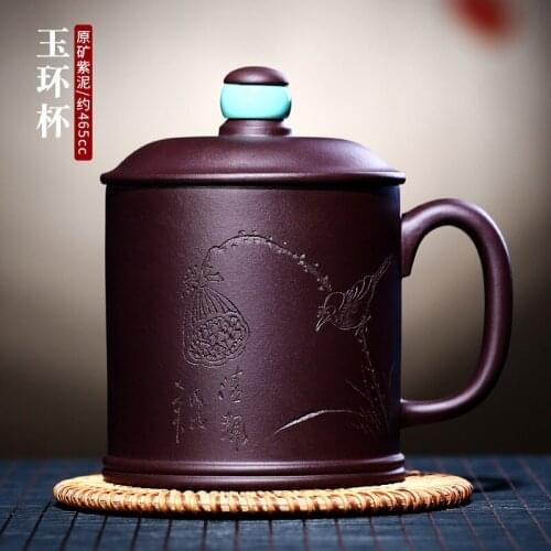 ★Yixing purple sand cup really pure handmade make tea cup lid carved painting gift tea set custom lettering yuhuan cup