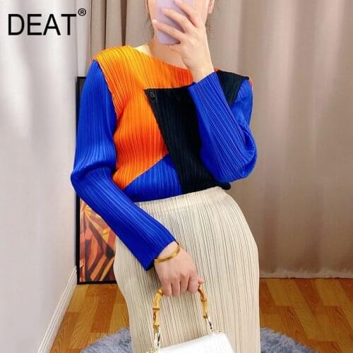 DEAT Women Pleated T-shirt Hit Color one Button Round Neck Long Sleeve Pullover elastic wild Top 2021 new Autumn Fashion 15HT334