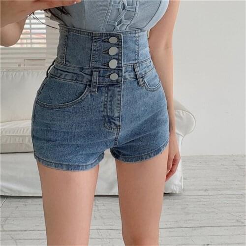 High waist sexy bag hip design button jeans all-match shorts hot trousers 4 buttons back bandage short jeans female