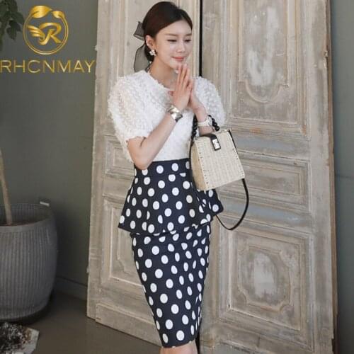 New Fashion Summer Two Piece Set Women Chiffon Puff Sleeve Shirt +High Waist Print Dot Ruffles Skirt Set